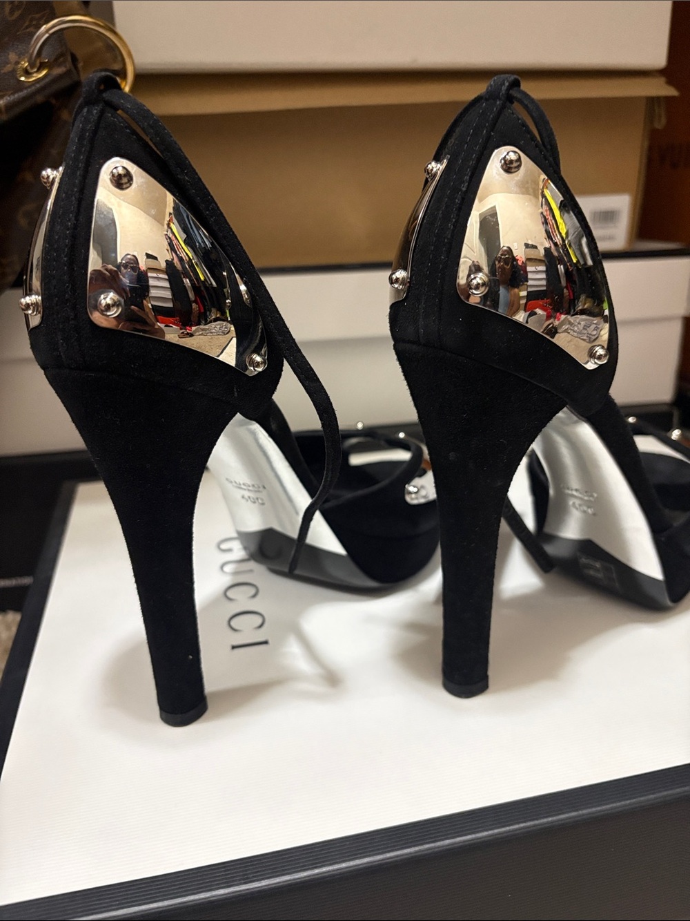 Gucci Black Suede Stiletto Heels with Silver Metal Heel Plates